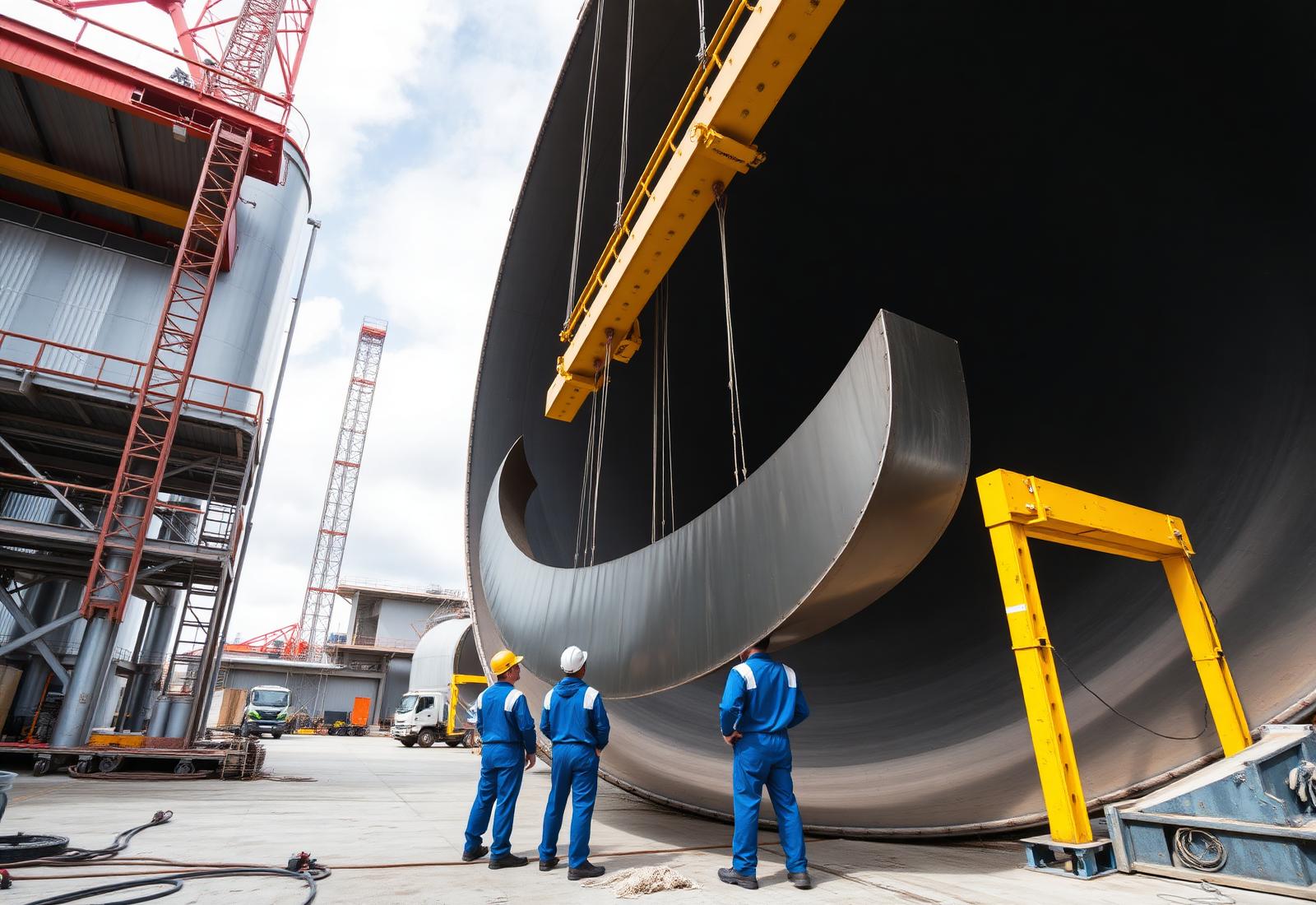 Large industrial steel storage tank under construction